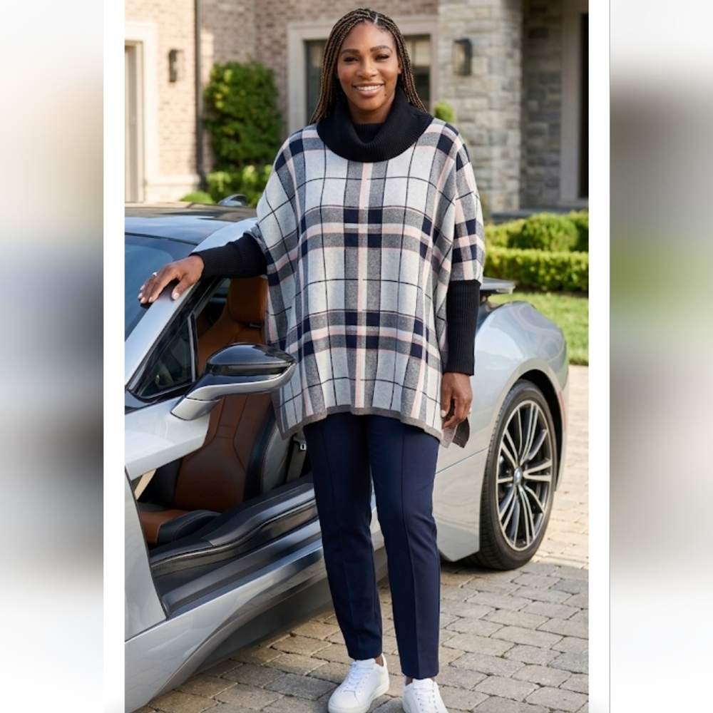 NWT SIONI Oversized Sweater Plaid Poncho  Black, Gray, Pink Size LARGE P2P = 36"
